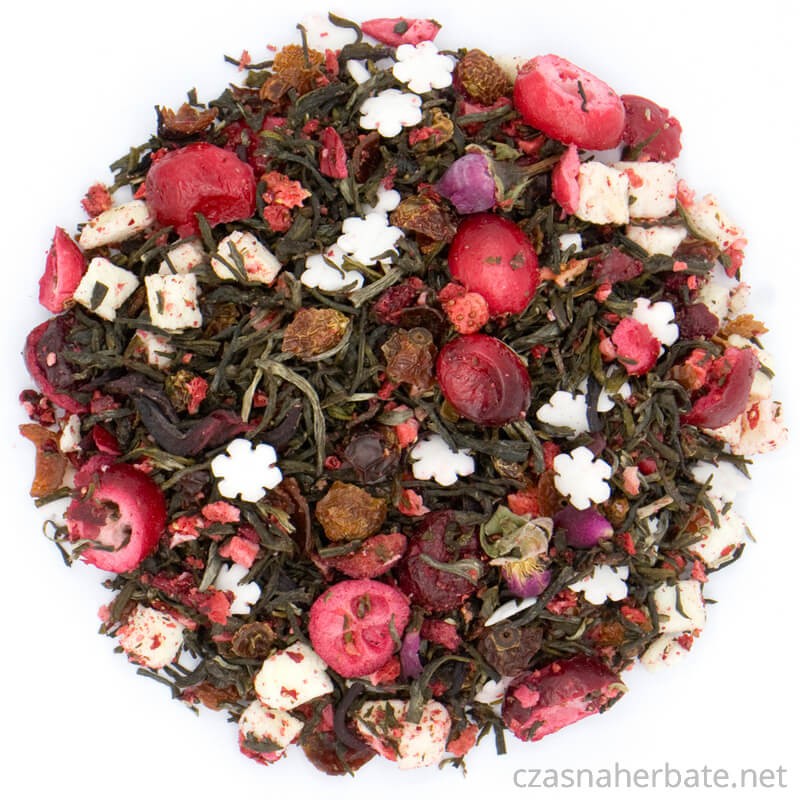 Herbata zielona z dodatkiem skórki owocu dzikiej róży, białe śnieżynki, truskawki, żurawiny, wiśni, jabłka, hibiskusa, pąków róży