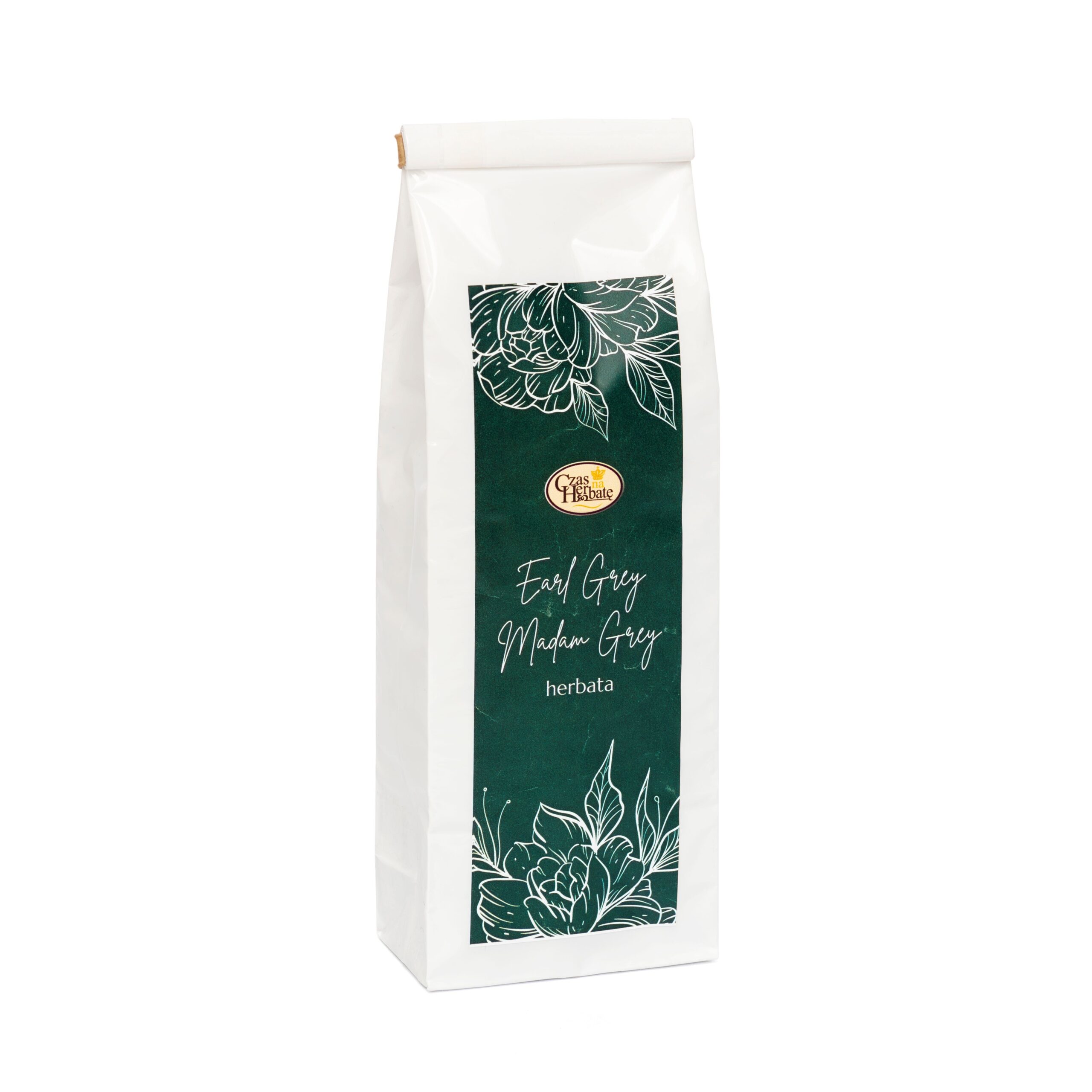 Biała torebka herbaty Earl Grey Madam Grey z zieloną etykietą, kwiatowym motywem i logo Czas na Herbatę na górze.