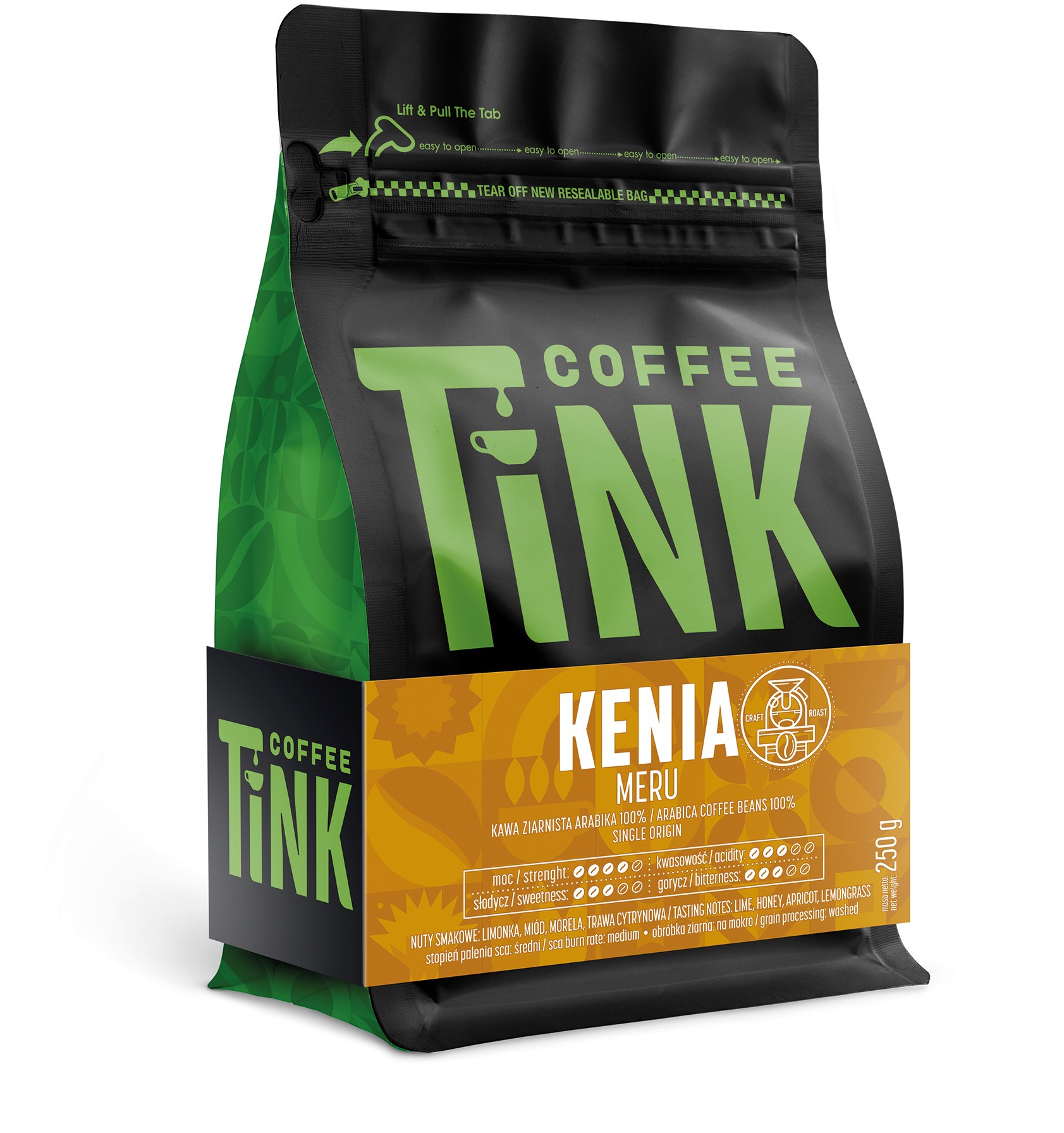 Czarne opakowanie kawy Coffee Tink z żółtą etykietą