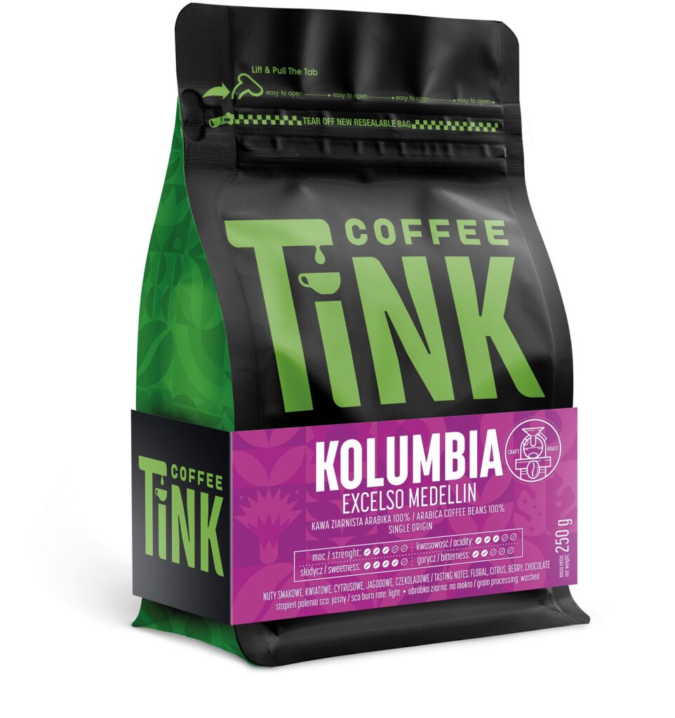 Czarne opakowanie kawy Coffee Tink z fioletową etykietą
