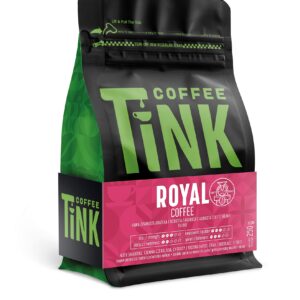 Czarne opakowanie kawy Coffee Tink z różową etykietą