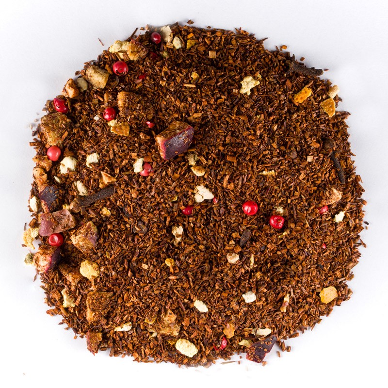 Herbata rooibos z kawałkami skórki pomarańczowej, śliwki, ziarenkami czerwonego pieprzu i goździkami