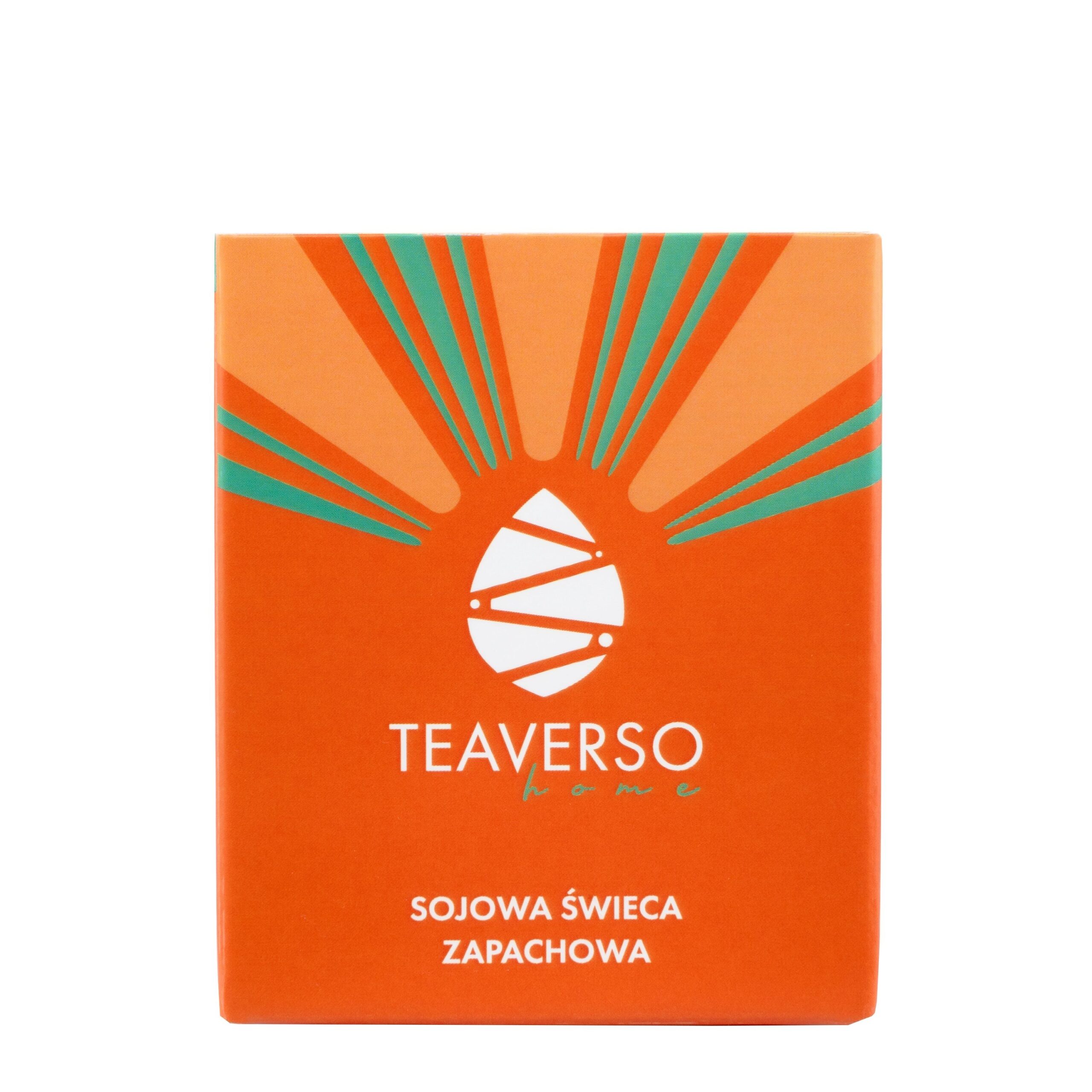 Teaverso sojowa świeca zapachowa, opakowanie: pomarańczowe pudełko z logo i napisem „sojowa świeca zapachowa”.