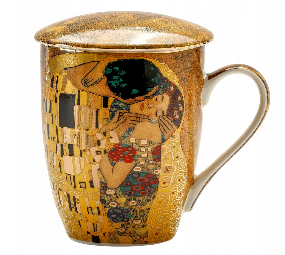 Kubek z pokrywką z motywem "Pocałunek" Gustava Klimta, w złotej tonacji, porcelanowy.