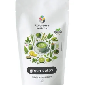 Opakowanie "kolorowa matcha green detox", z ilustracją zielonej herbaty, owoców, trawy cytrynowej i limonki.
