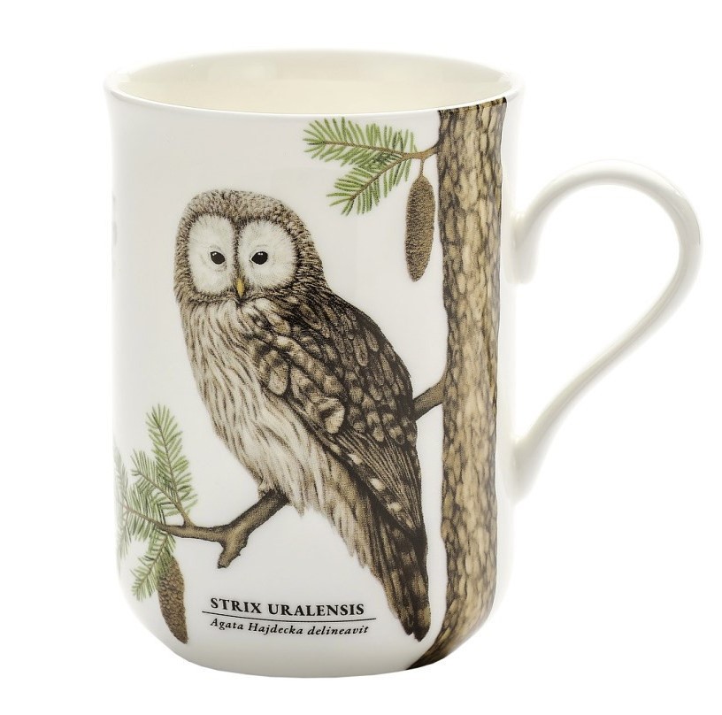 Biały kubek z ilustracją puszczyka uralskiego siedzącego na gałęzi świerka i podpisem "Strix uralensis".