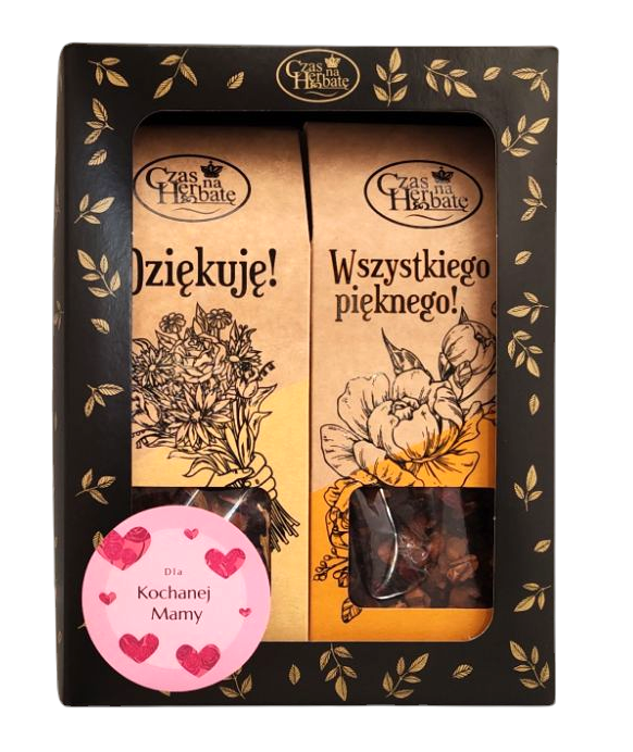 Zestaw prezentowy Czas na Herbatę z napisem „Dziękuję!” i „Wszystkiego pięknego!”, okrągła etykieta „Dla Kochanej Mamy”.